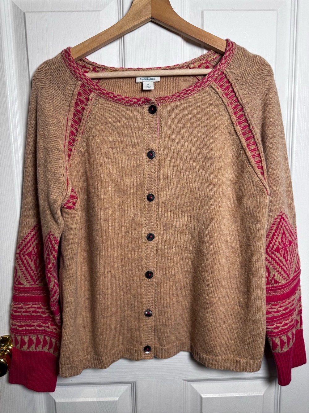 Sundance Wool Blend Camel Pink Fair Isle Cardigan Sweater Medium Nordic